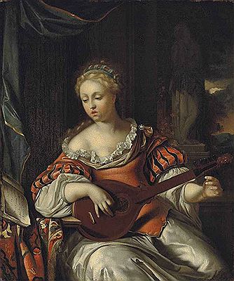 A lady playing the lute in a portico
