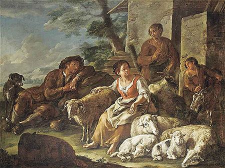 Shepherds and shepherdesses at rest with their flock, outside a barn, a landscape beyond