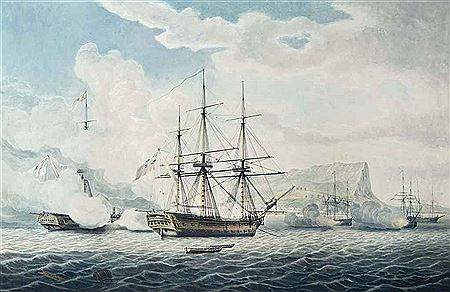 H.M.S. Romney capturing the French 44-gun Sybille and three merchantmen in the roads off Mykonos, Greece, 17th June 1794