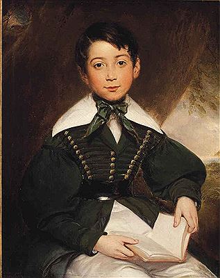 PORTRAIT OF A YOUNG BOY, SEATED, THREE-QUARTER-LENGTH, IN A GREEN JACKET AND CRAVAT