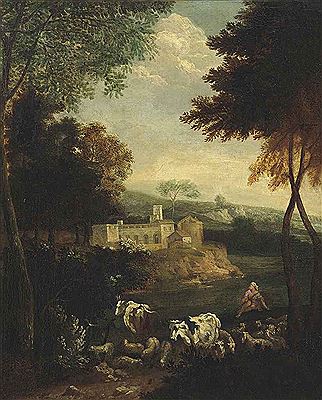 A WOODED LANDSCAPE WITH A SHEPHERD AT REST WITH HIS FLOCK