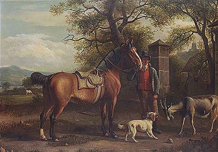 A HORSEMAN AND HIS HORSE WITH A DOG AND A GOAT, A PASTURE AND TOWN BEYOND