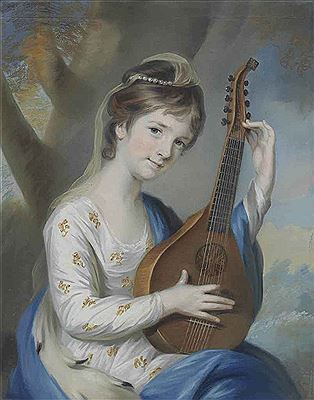A PORTRAIT OF DIANA STURT, LATER LADY MILNER (1758-1805), THREE-QUARTER-LENGTH, IN A BLUE CLOAK TRIMMED WITH ERMINE AND HOLDING A CITTERN
