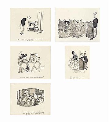The auction, a group of five cartoons (all illustrated) by Michael Ffolkes - Auction record, sale price, and art valuation. Compare with similar artists and explore comparable artworks.