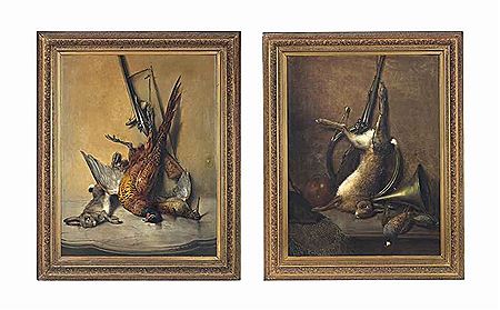 A pheasant, a hare and a snipe on a marble topped table; and A hare and a hunting horn on a ledge (2)