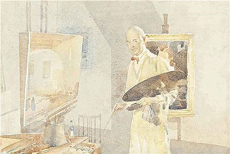 Portrait of William Russell (Sir William) Flint: Self-portrait of the artist in his studio (recto) and landscape (verso)