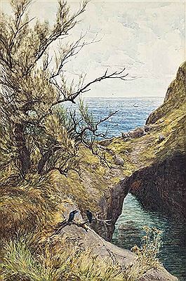 A rugged coastline with sailing vessels beyond