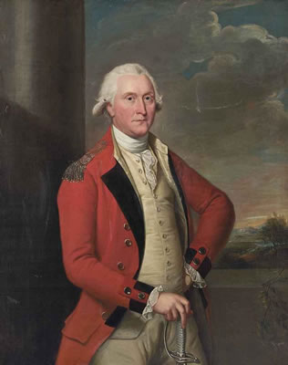 Portrait of Colonel Thomas Fitzgerald (1737-?), three-quarter-length, in uniform, his right hand resting on the hilt of his sword, a landscape beyond