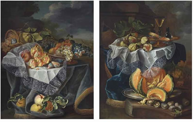 Figs, a gilded tazza with a façon-de-venise wine glass, on a draped table, a cut melon on a pewter platter with plums on a plinth; and Grapes, pears and an apple on a glass vessel, pomegranates and a woven basket with fruit on a draped table, a plinth in