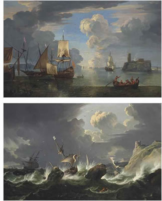 A calm harbour scene with ships anchored near a fortified rocky outcrop; and Shipping in stormy waters (2)