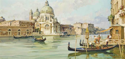 Boarding a gondola at the entrance to the Grand Canal, Santa Maria della Salute beyond