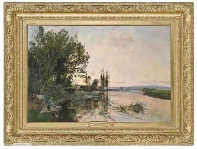 A washerwoman on the river at dusk