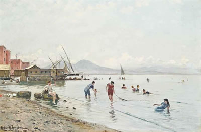 Bathers at Portici , Vesuvius beyond