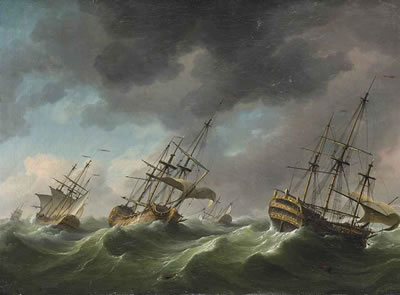 Men-o'-war reefed-down and riding out a gale