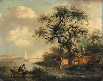 A river landscape with a fisherman, drovers and their herd, a town and a church beyond