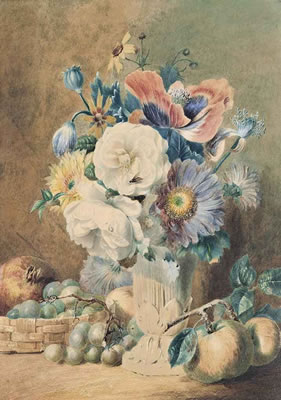 Still life with red poppy and white roses in a vase, surrounded by grapes, apples and a pomegranate by Valentine Bartholomew - Auction record, sale price, and art valuation. Compare with similar artists and explore comparable artworks.