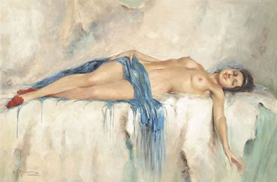 Reclining nude with a blue shawl