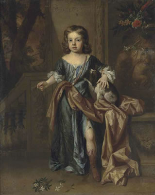 Portrait of Francis, 2nd Earl of Godolphin (1678-1766), as a boy, full-length, in a blue dress, with a spaniel