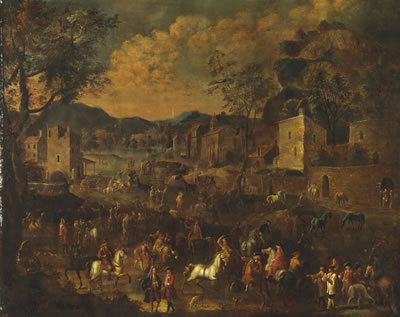 A horse fair in a village, a lake and mountains beyond