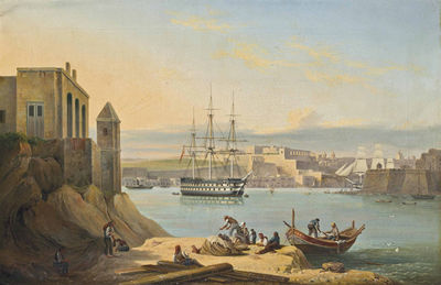 The flagship, H.M.S. Asia, lying at anchor in the Grand Harbour, Valetta, Malta by John (Giovanni) Schranz - Auction record, sale price, and art valuation. Compare with similar artists and explore comparable artworks.