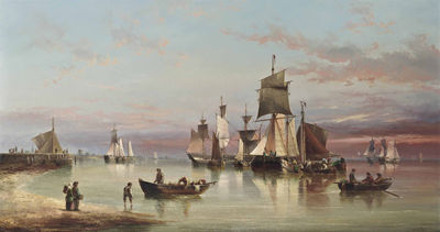 A crowded anchorage off the Low Countries at dusk