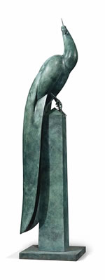 A LARGE BRONZE MODEL OF A PEACOCK