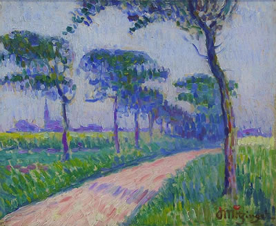 Road with Trees and Town in Background