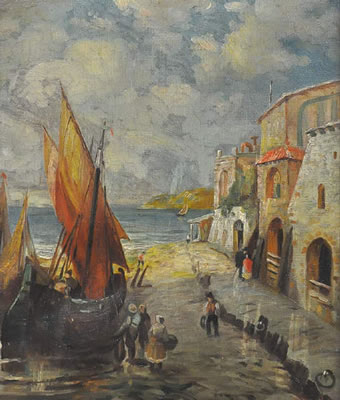 PORT SCENE W/BUILDINGS & PEOPLE