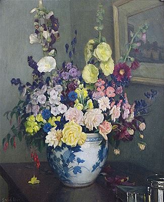 "Mixed Flowers", still life study of a bowl of flowers on a table