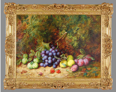 Still life featuring plums, apples, pears, grapes and strawberries