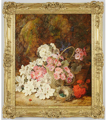 Still life depicting flowers, a bird nest and a basket