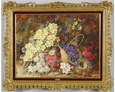 Still life depicting flowers, a basket and a nest