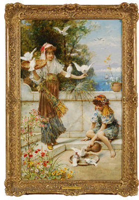 Two Young Girls Feeding Birds