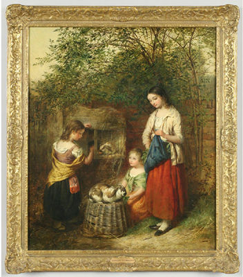 Depicting a mother and her two daughters feeding the rabbits