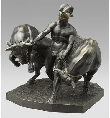 Sculpture modeled as a Spartan restraining two raging bulls
