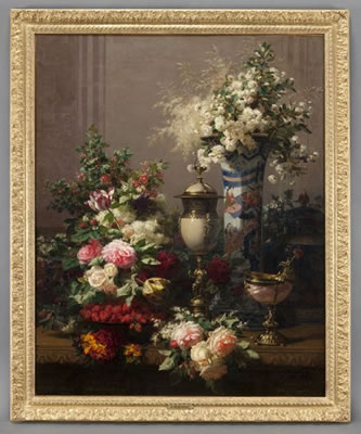 "Floral still life with Imari vase, ostrich egg cup, nautilus cup and strawberries"