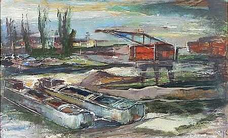 Saarhafen mit Lastkähnen