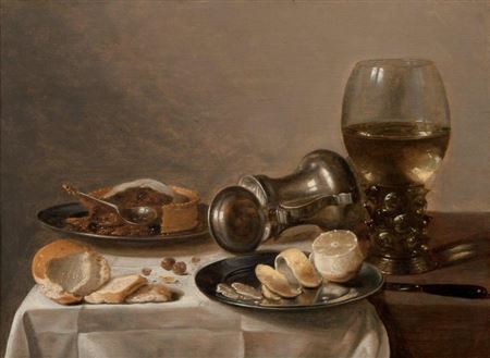Nature morte au verre römer, citron et la tourte