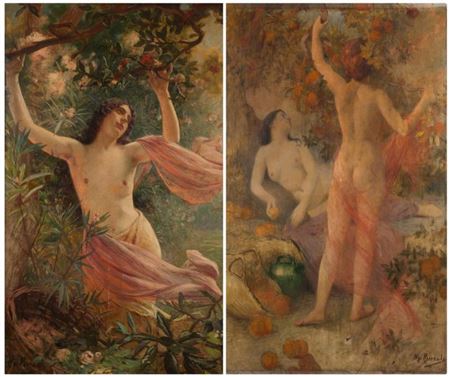 Rêverie parmi les fleurs Jeune femme cueillant des fruits (a pair)