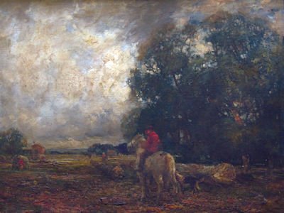 Figure on horseback with a dog at his side and figures harvesting beyond