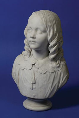 : A white marble bust of Kenneth James Matheson (Second Baronet of Lochalsh) looking slightly to dexter and wearing a shirt with a lace collar and tassels