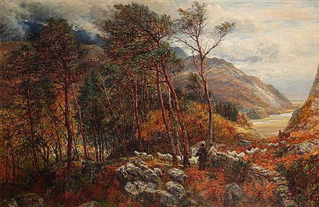 Figures and sheep in a woodland with hills beyond