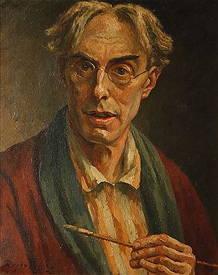 Portrait of Roger Elliot Fry: Self portrait, the artist wearing a dressing gown and holding a paint brush in his left hand,