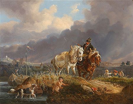 Horses and figures on a tow path