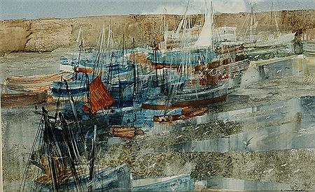 Abstract study of boats in a harbour by Frederick Donald Blake - Auction record, sale price, and art valuation. Compare with similar artists and explore comparable artworks.