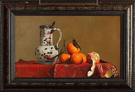 A still life of a ceramic jug beside oranges, arranged on a red and gold bullion-work cloth by Willem Dolphin - Auction record, sale price, and art valuation. Compare with similar artists and explore comparable artworks.