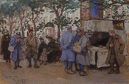 Soldiers at a Parisian News Stand
