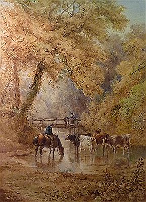 Cattle Watering by a wooden Bridge