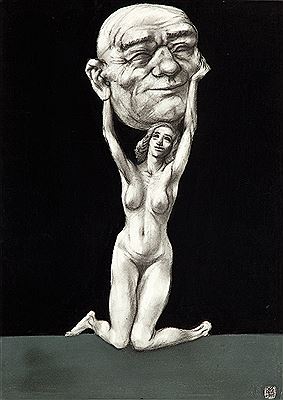 Sample artwork by Adam Hoffmann (1918 - 2001), known for drawing, painting, and posters with a focus on the relationship between men and women presented in a grotesque and sarcastic manner. - View similar artists and auction records