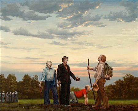 Die Schule der Neuen Prächtigkeit bei der Nachstellung des Bildes "Bonjour Monsieur Courbet".